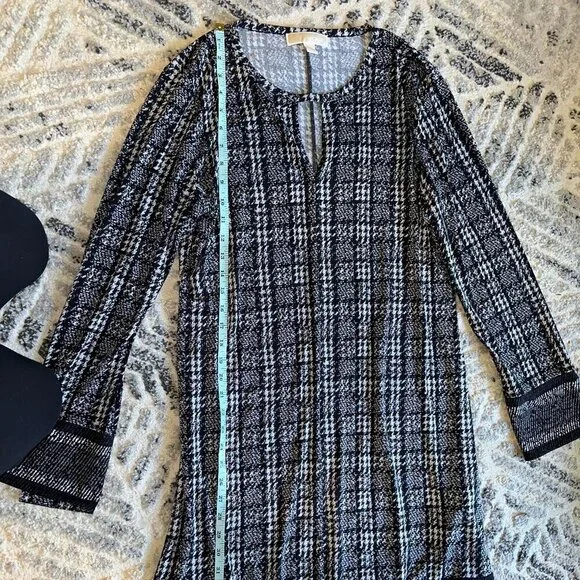 Black White Houndstooth Jacquard Michael Kors Long Sleeve Knee Length Dress L - Picture 7 of 10